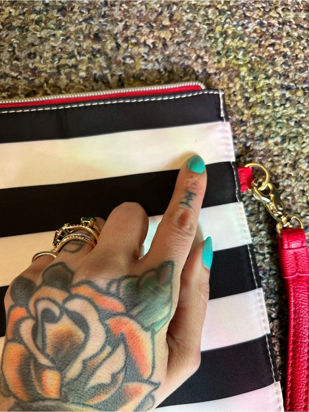 Betsey Johnson Black, White & Red Striped Wristlet Clutch